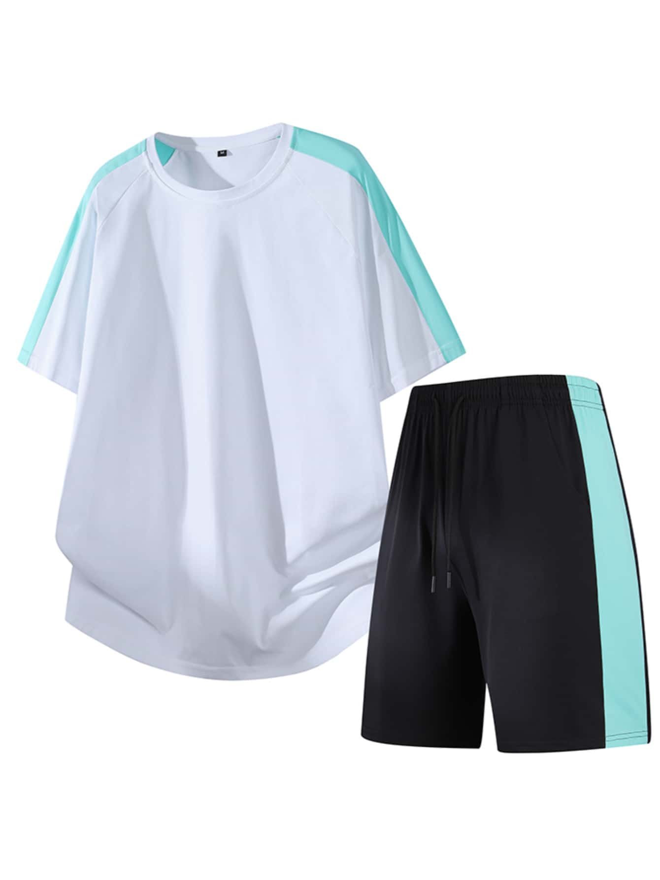 Men White and Mint Shorts Set with T-Shirt and Drawstring Shorts