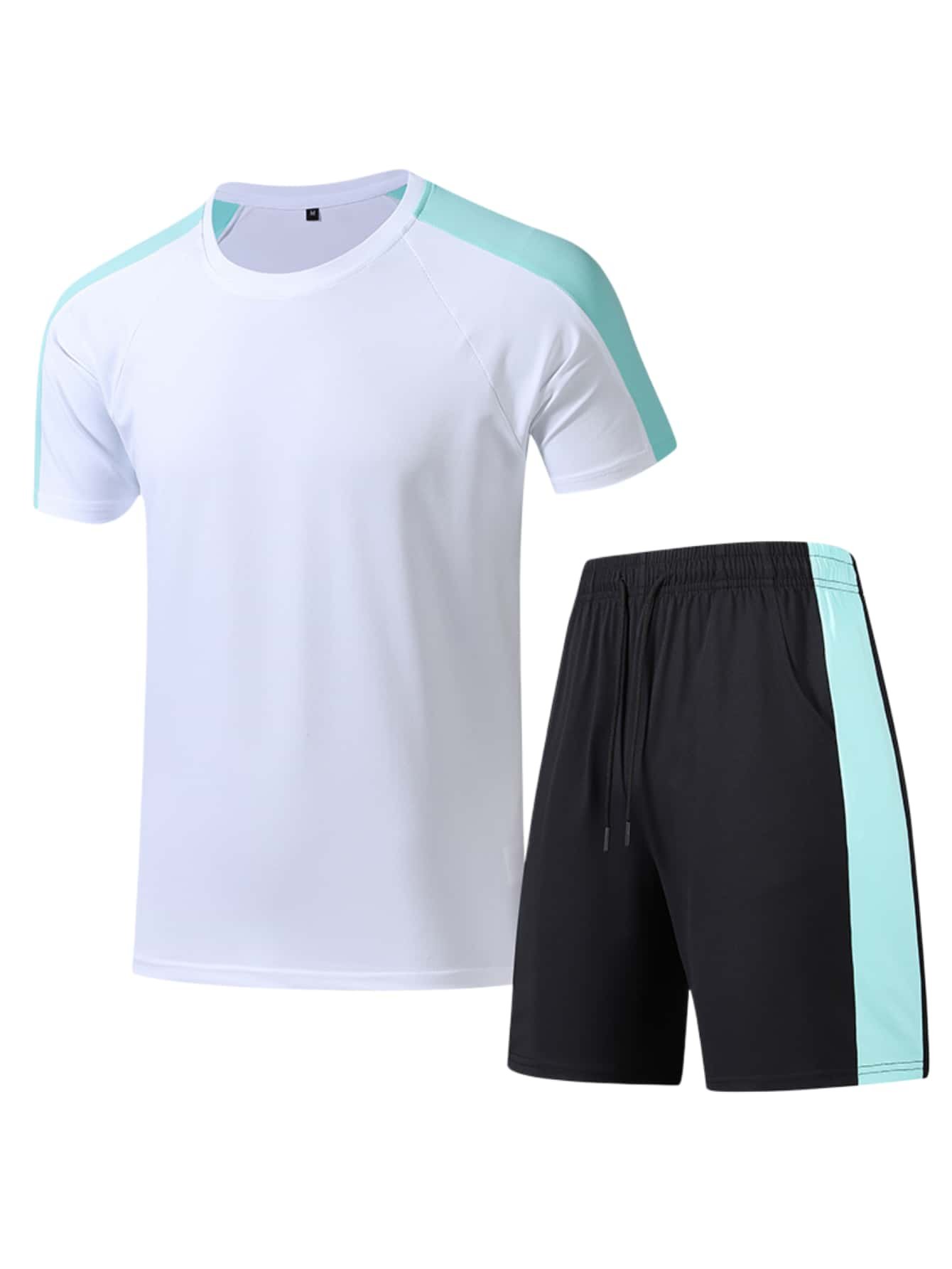Men White and Mint Shorts Set with T-Shirt and Drawstring Shorts