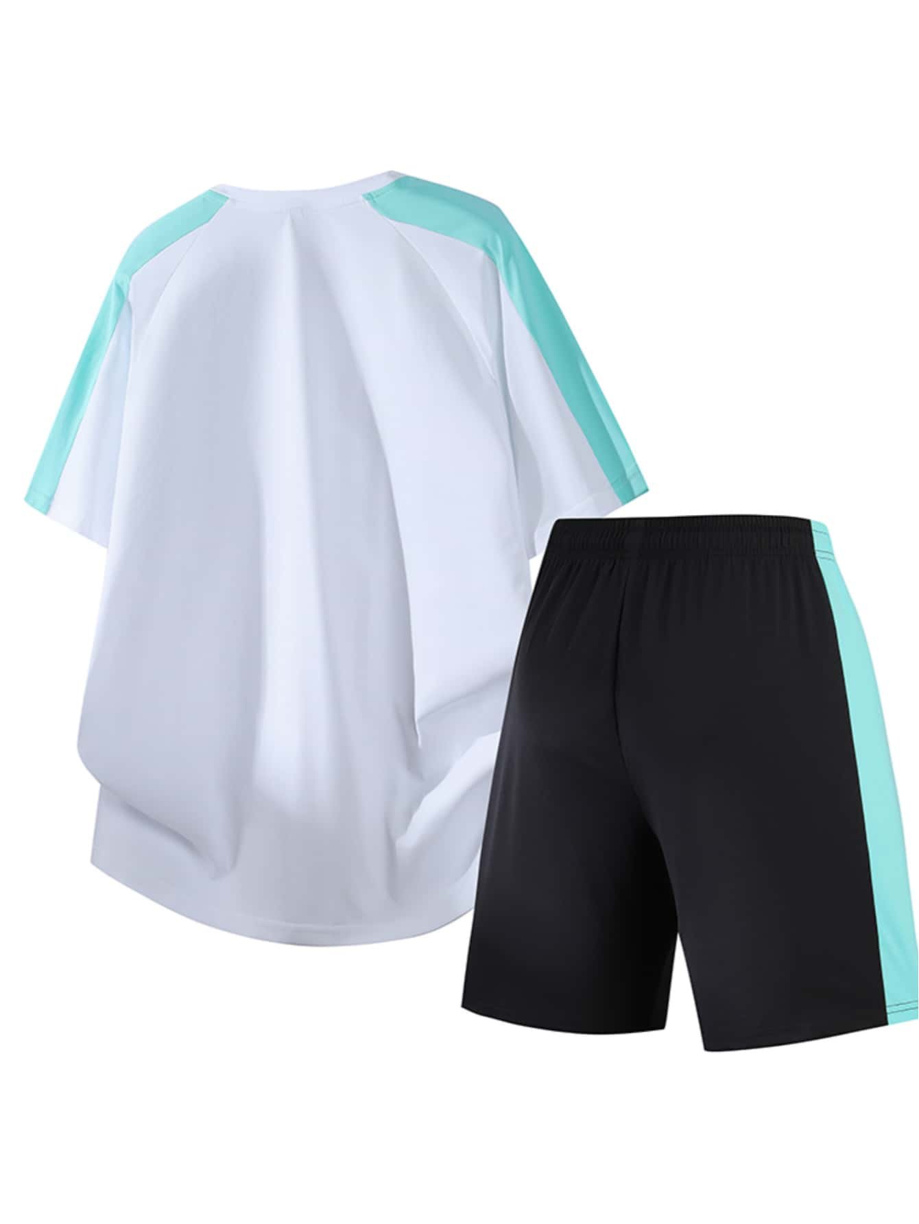 Men White and Mint Shorts Set with T-Shirt and Drawstring Shorts
