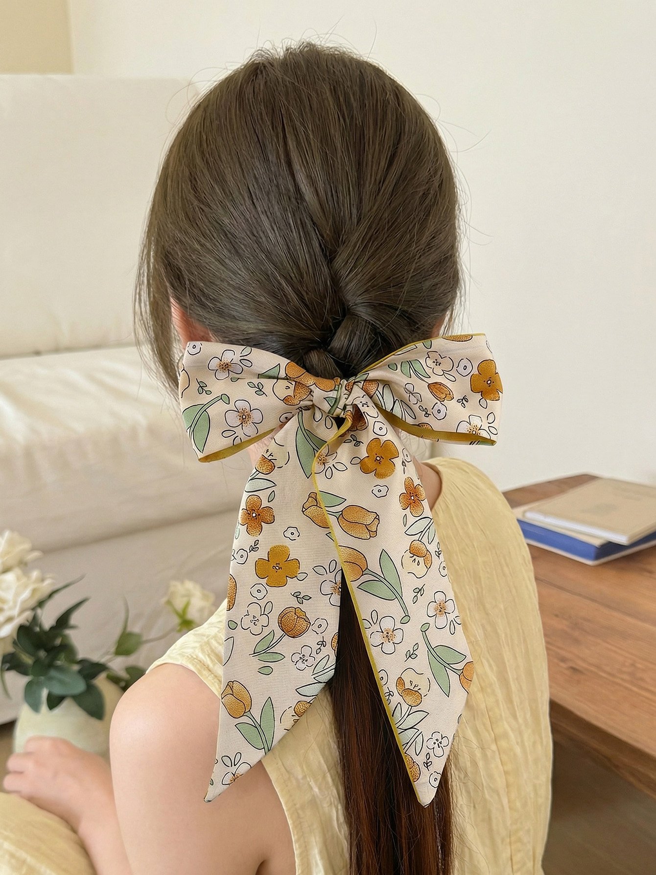 Set of 4 - Floral Print Hair Ties with Ribbon Bow