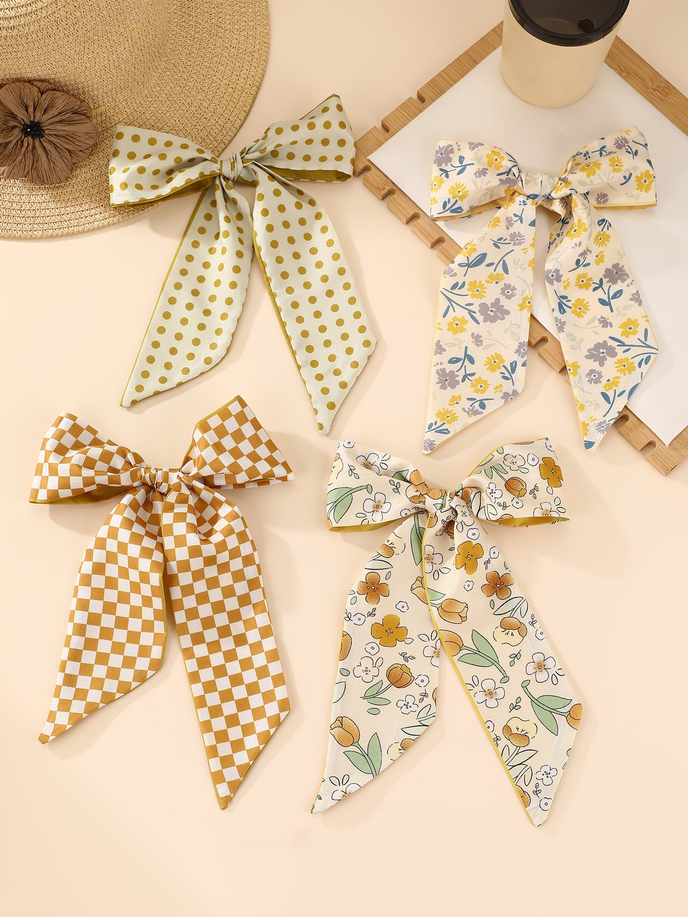 Set of 4 - Floral Print Hair Ties with Ribbon Bow