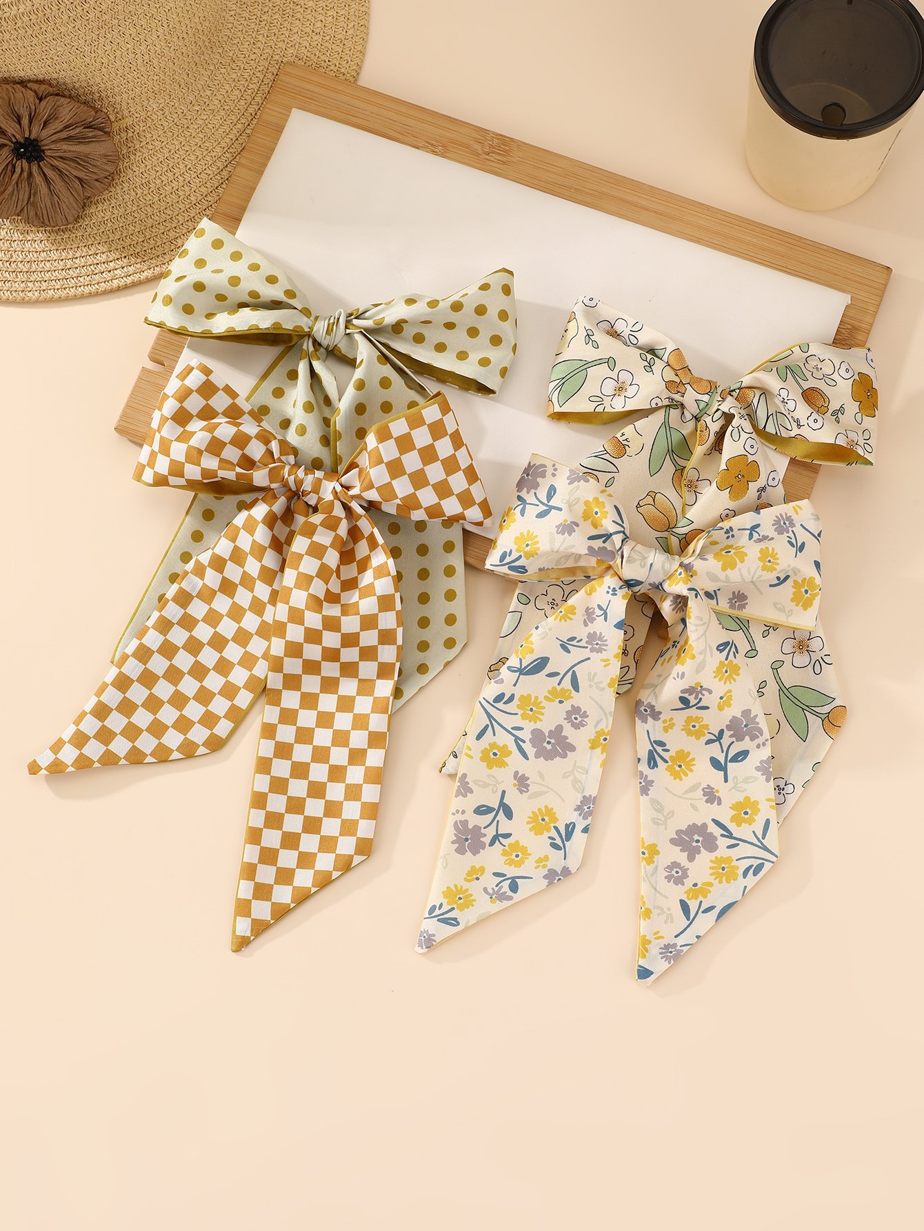 Set of 4 - Floral Print Hair Ties with Ribbon Bow
