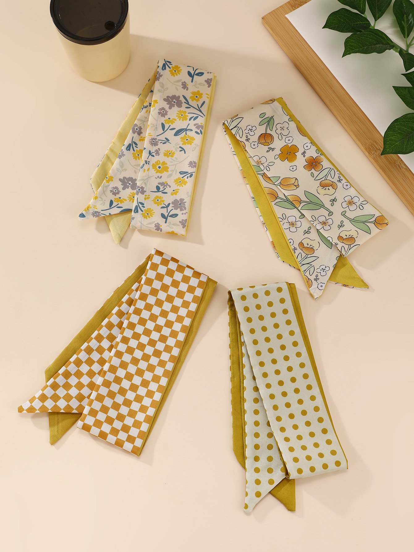 Set of 4 - Floral Print Hair Ties with Ribbon Bow