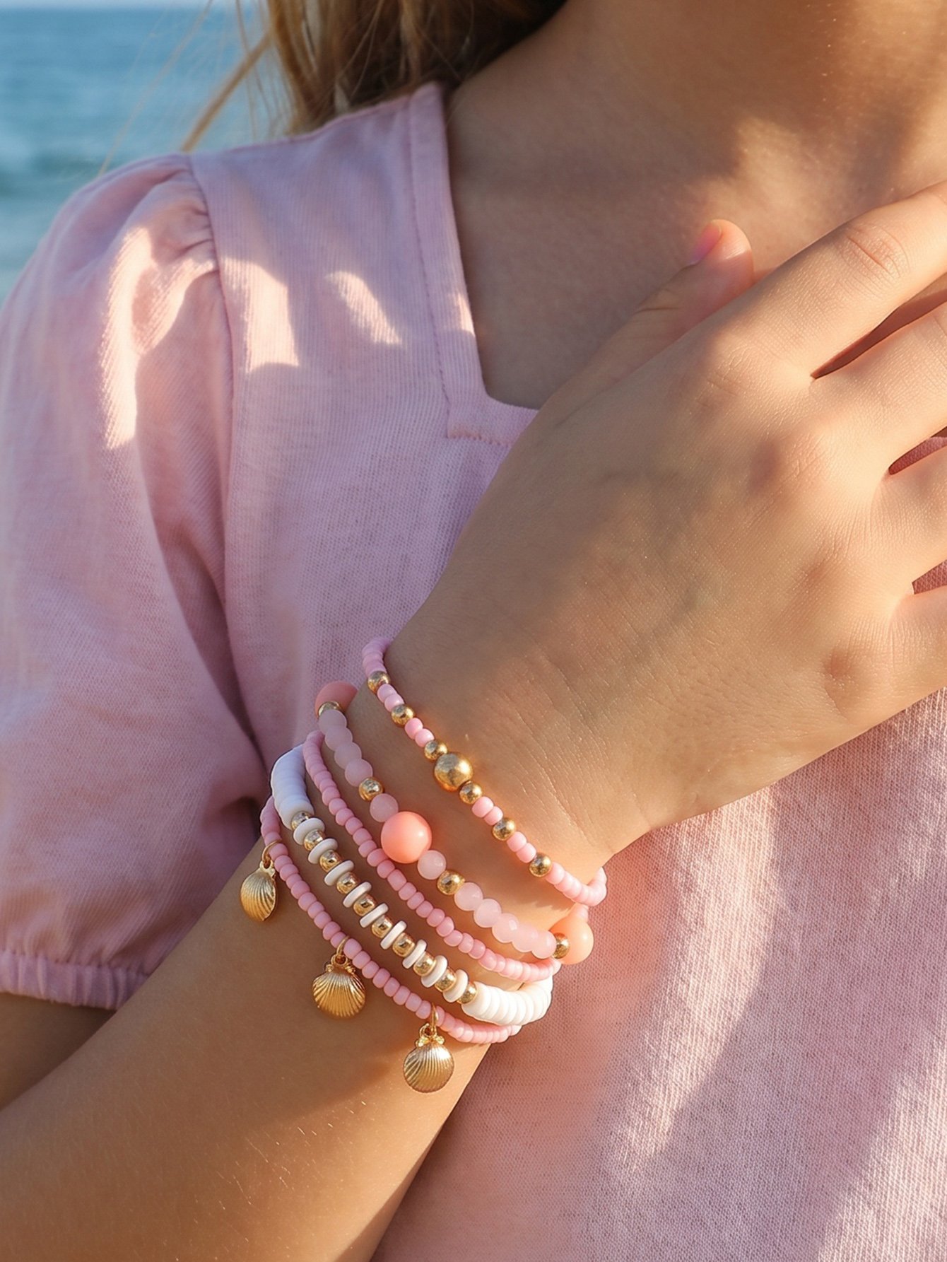 5-Piece Pink and Gold Beaded Bracelet Set 