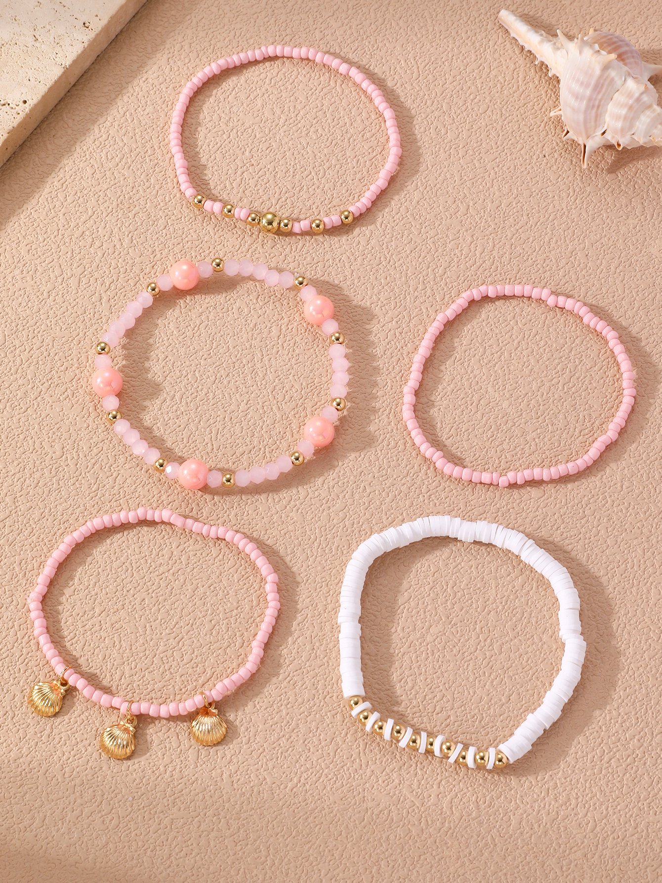 5-Piece Pink and Gold Beaded Bracelet Set 