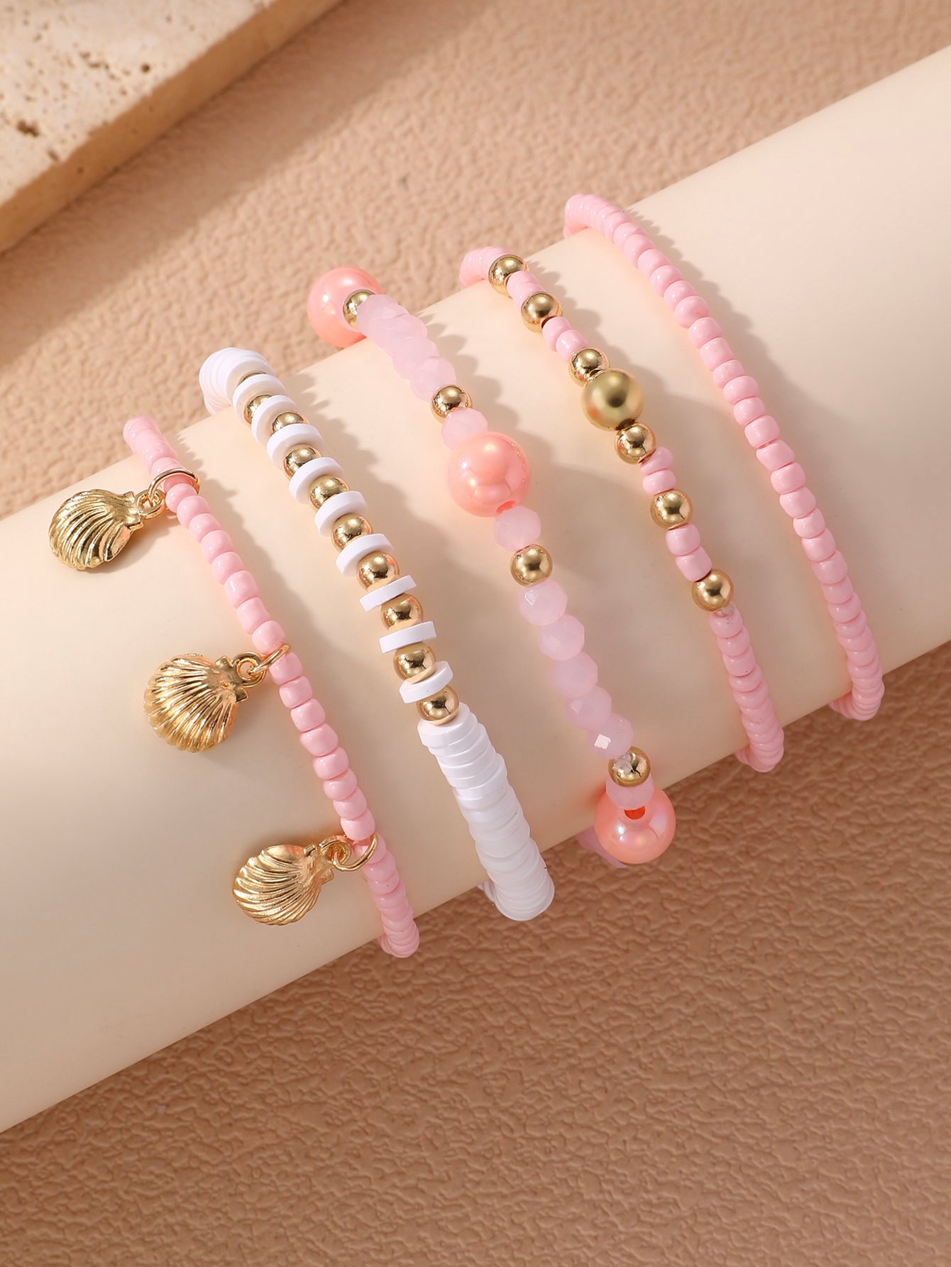 5-Piece Pink and Gold Beaded Bracelet Set 