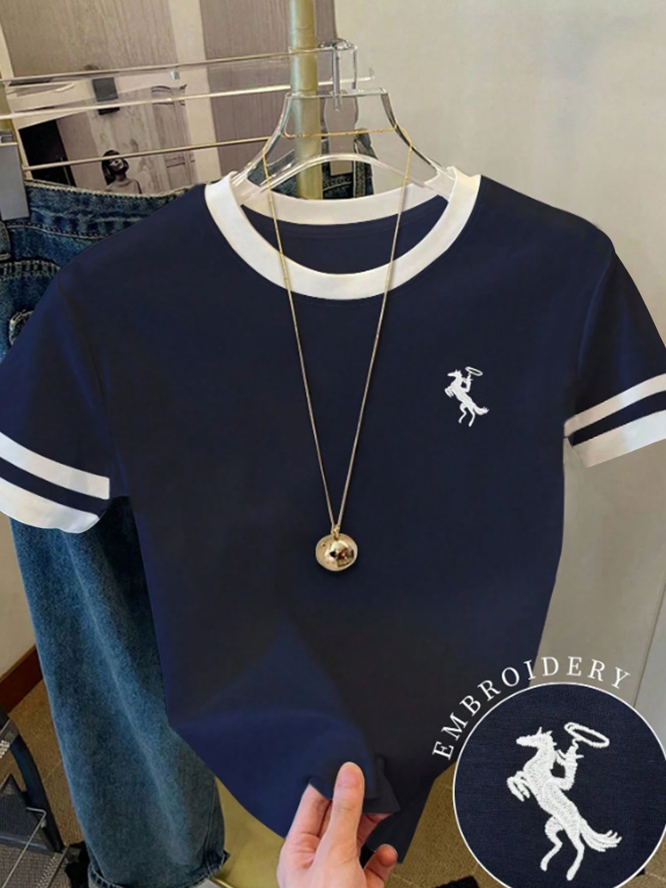 Navy Blue Embroidered Contrast Trims Short Sleeve T-Shirt