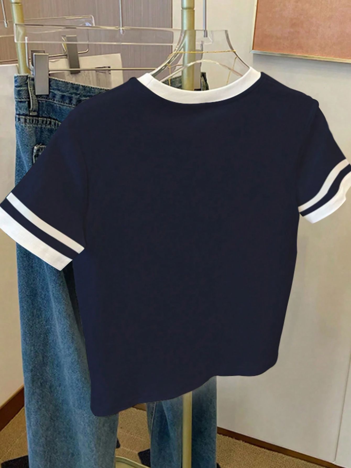 Navy Blue Embroidered Contrast Trims Short Sleeve T-Shirt