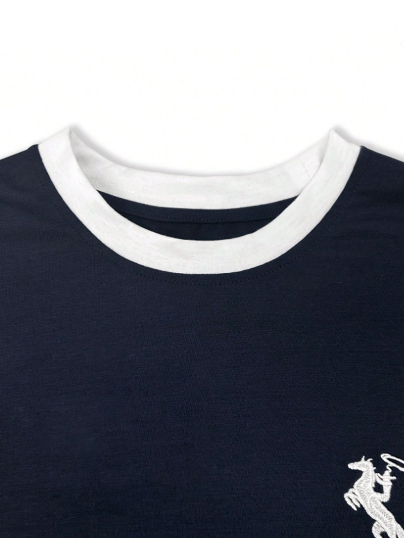 Navy Blue Embroidered Contrast Trims Short Sleeve T-Shirt