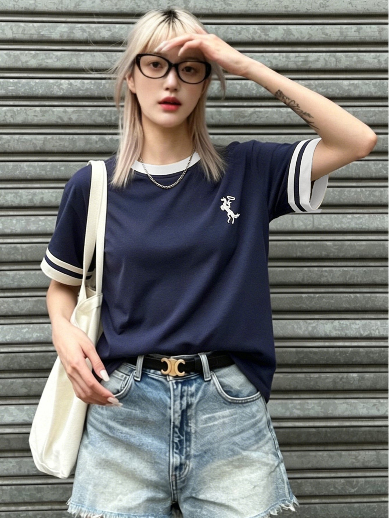 Navy Blue Embroidered Contrast Trims Short Sleeve T-Shirt