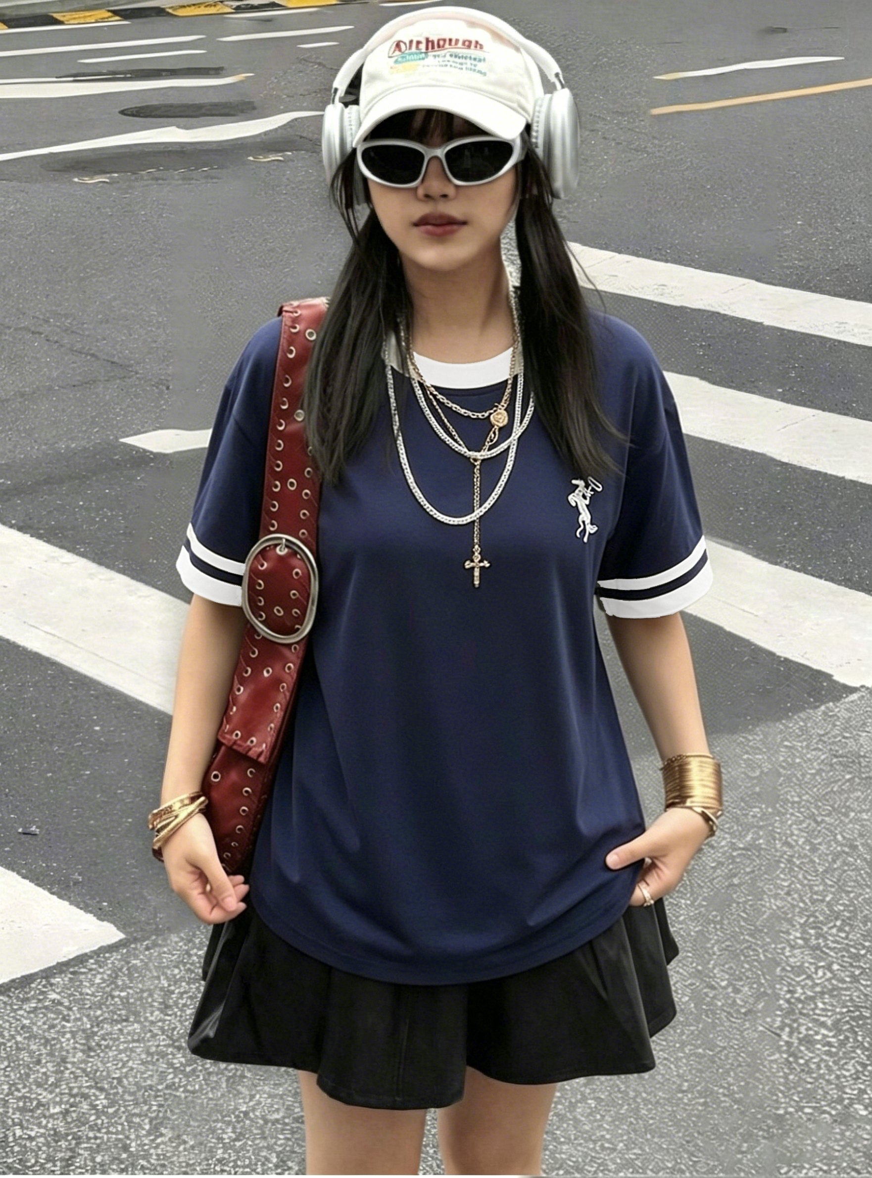 Navy Blue Embroidered Contrast Trims Short Sleeve T-Shirt