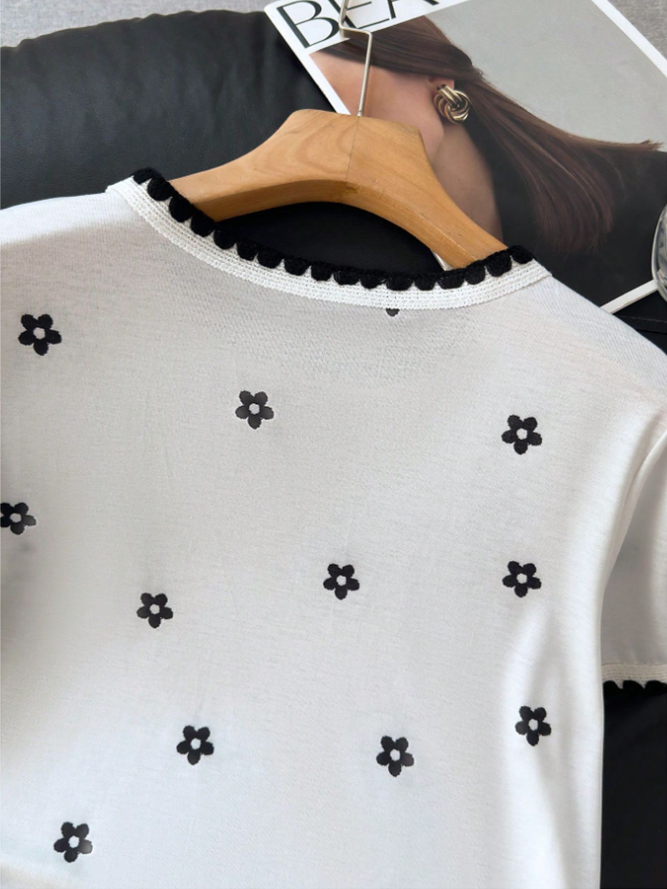 White Floral Knitted Short Sleeve T-Shirt with Scalloped Trim