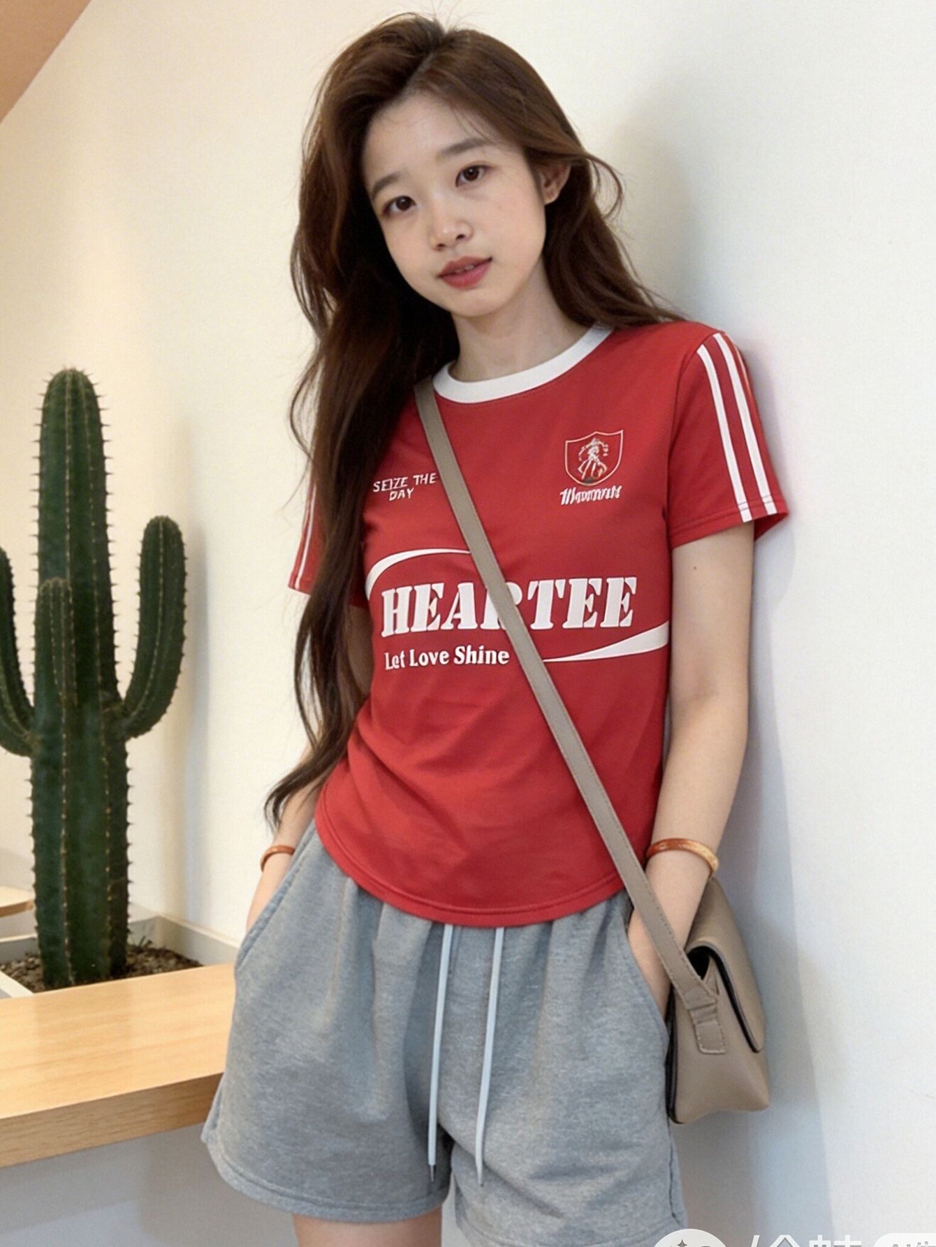 Red Knitted Short Sleeve Round Neck T-Shirt with Graphic Print