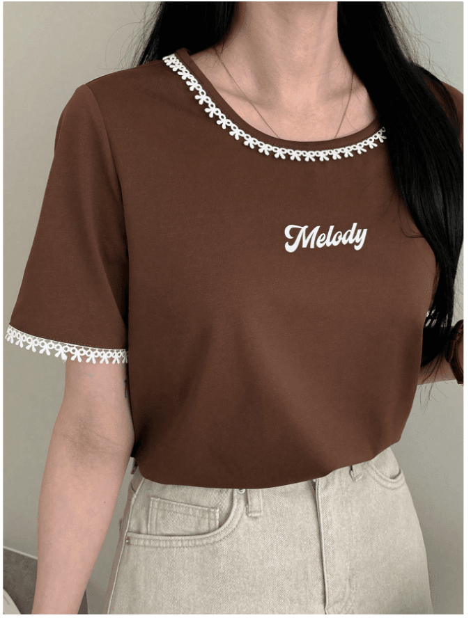 Brown Round Neck T-Shirt with Lace Trim