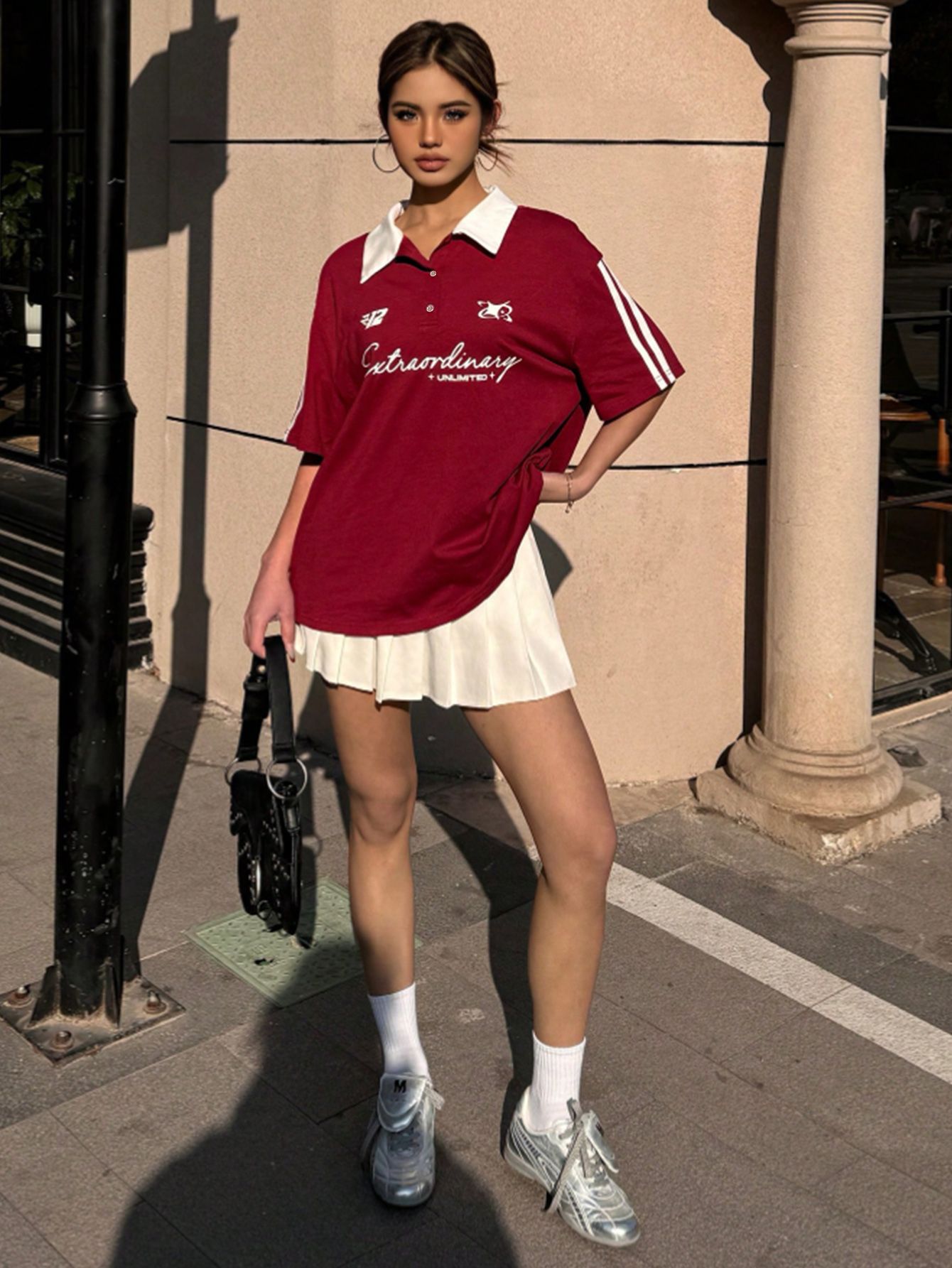 Maroon Oversized Printed Polo T-Shirt