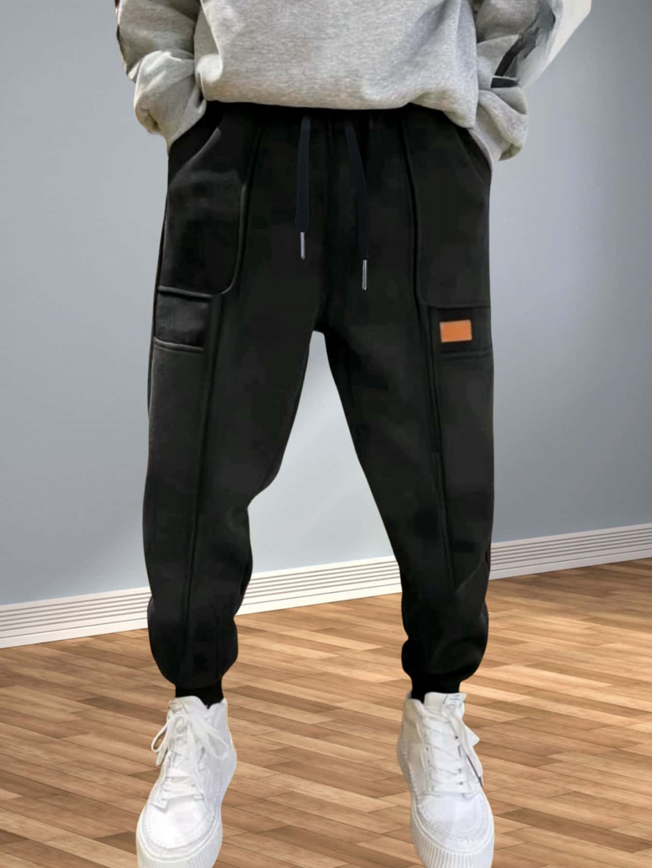 Men Black Cargo Joggers with Drawstring