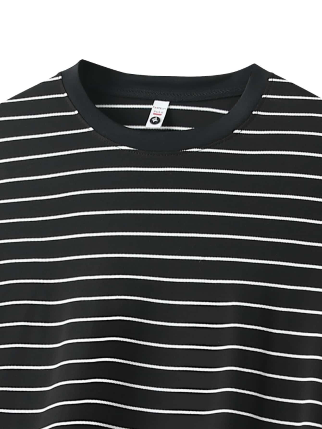 Men Black Striped Short Sleeve T-Shirt with Round Neck
