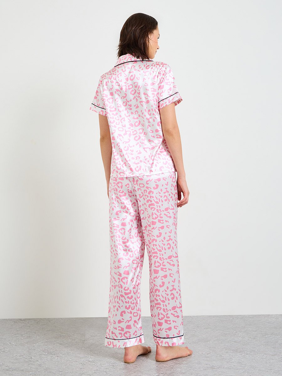 Pink Leopard Print Satin Pajama Set with Short Sleeve Shirt and Straight Pyjama