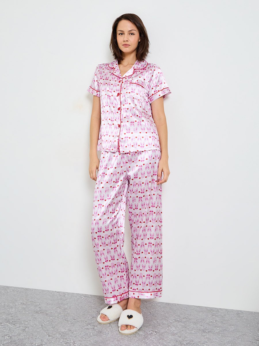 Pink Bunny Print Satin Pajama Set with Short Sleeves and Straight Pants