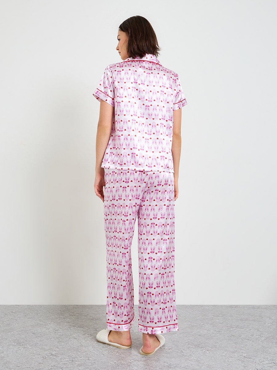 Pink Bunny Print Satin Pajama Set with Short Sleeves and Straight Pants