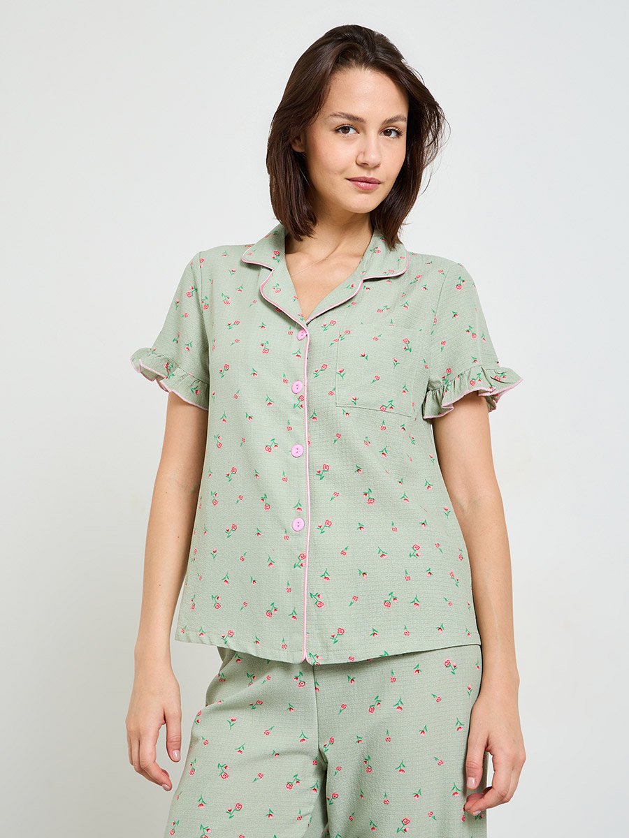 Floral Print Short Sleeve Pajama Set with Ruffles