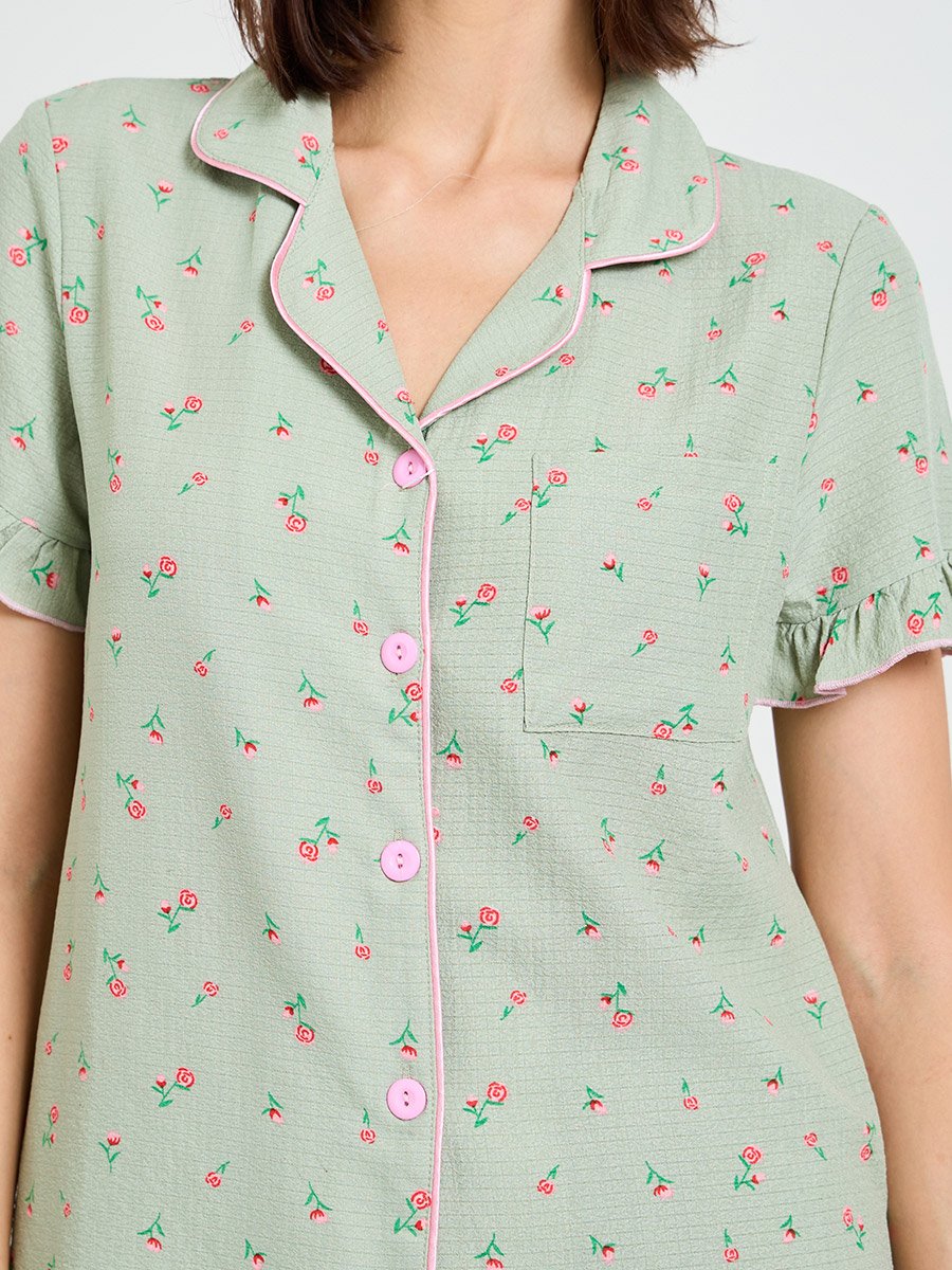 Floral Print Short Sleeve Pajama Set with Ruffles