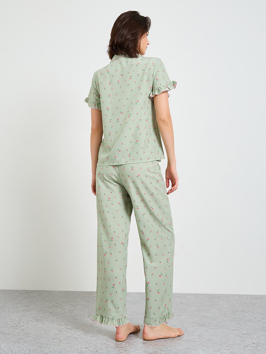 Floral Print Short Sleeve Pajama Set with Ruffles