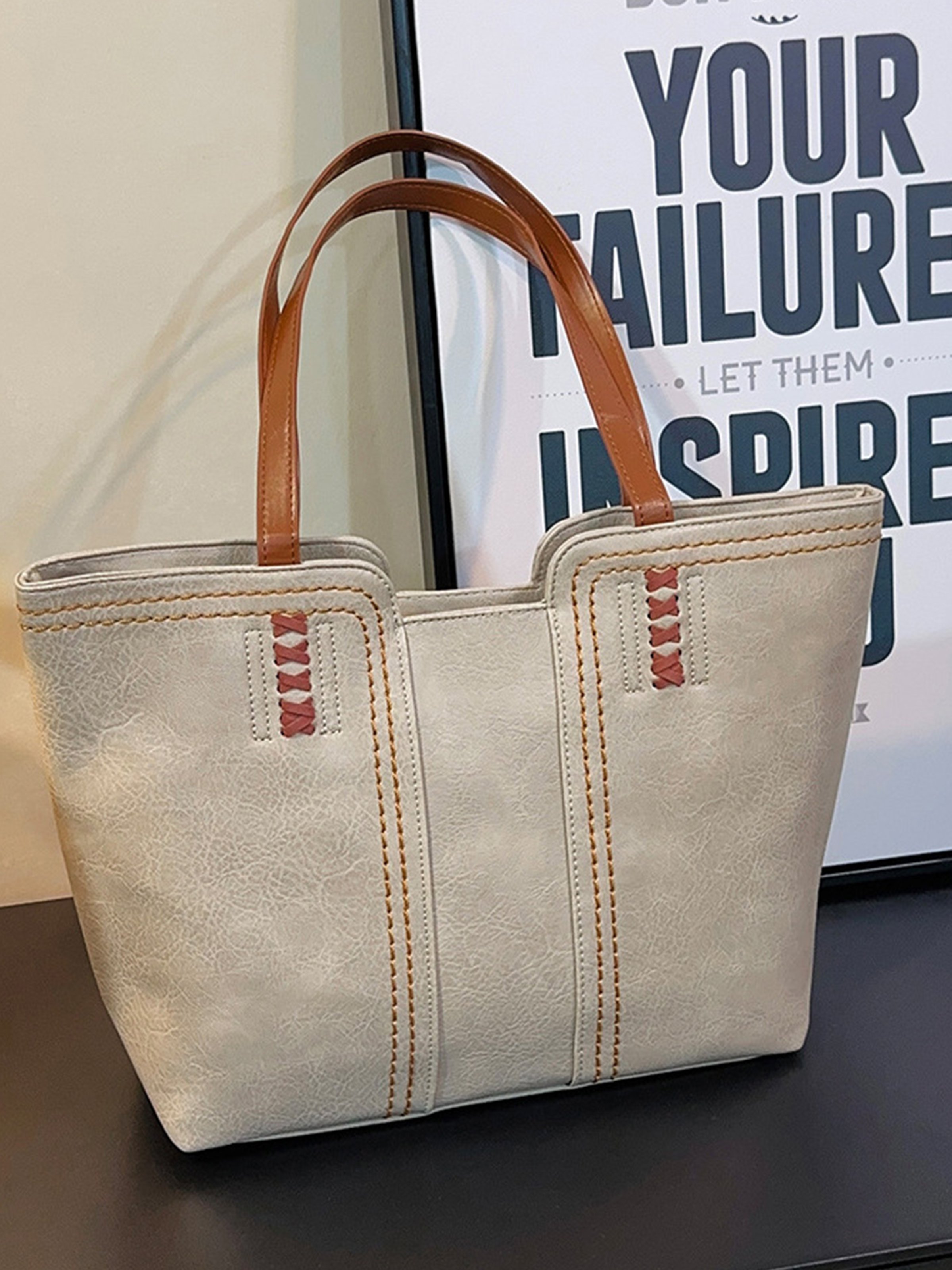 Grey Shoulder Bag With Contrast Stitching