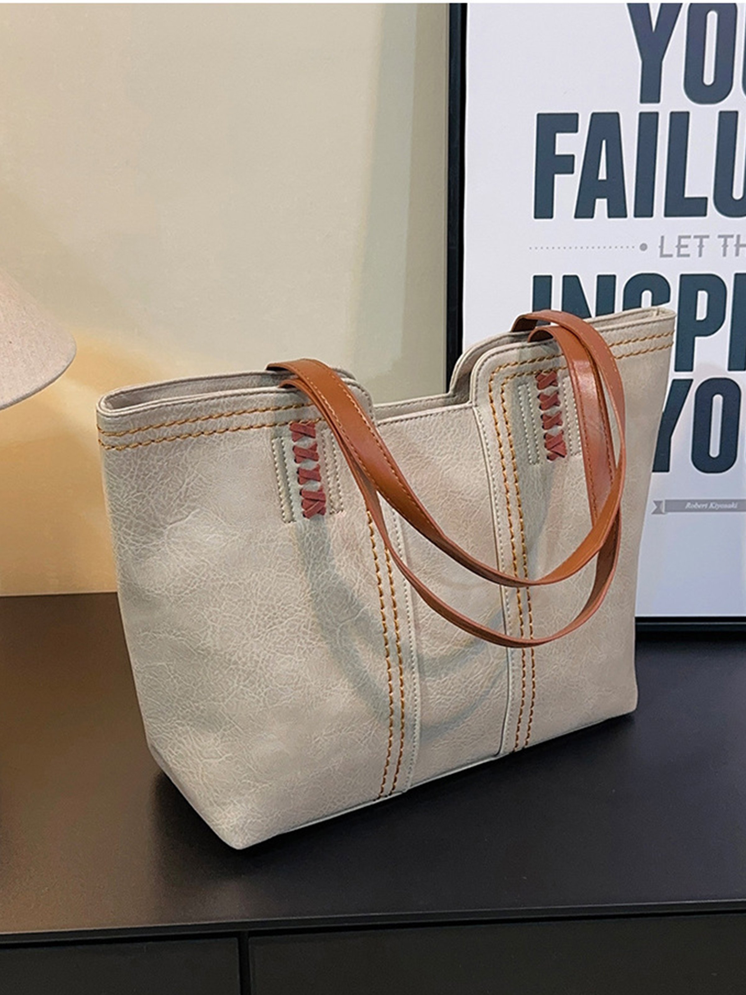 Grey Shoulder Bag With Contrast Stitching