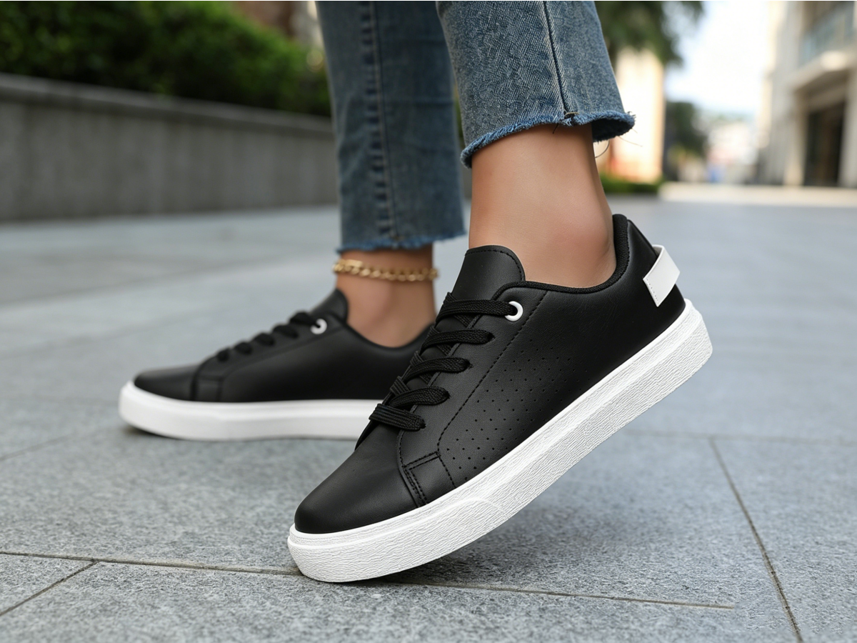 Womens   Black and White Flat Sneakers for Everyday Comfort