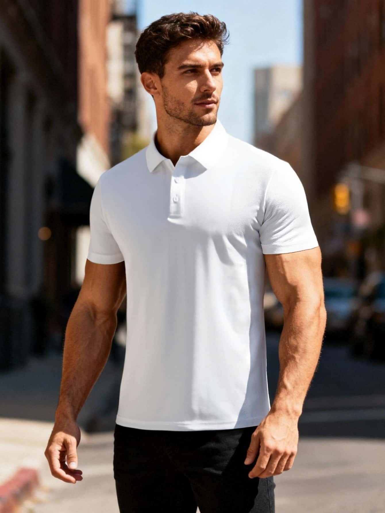 Men White Solid Polo T-Shirt with Short Sleeve