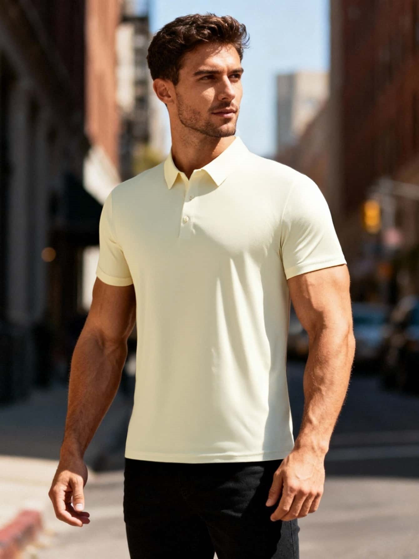 Men Beige Knitted Polo T-Shirt with Short Sleeve