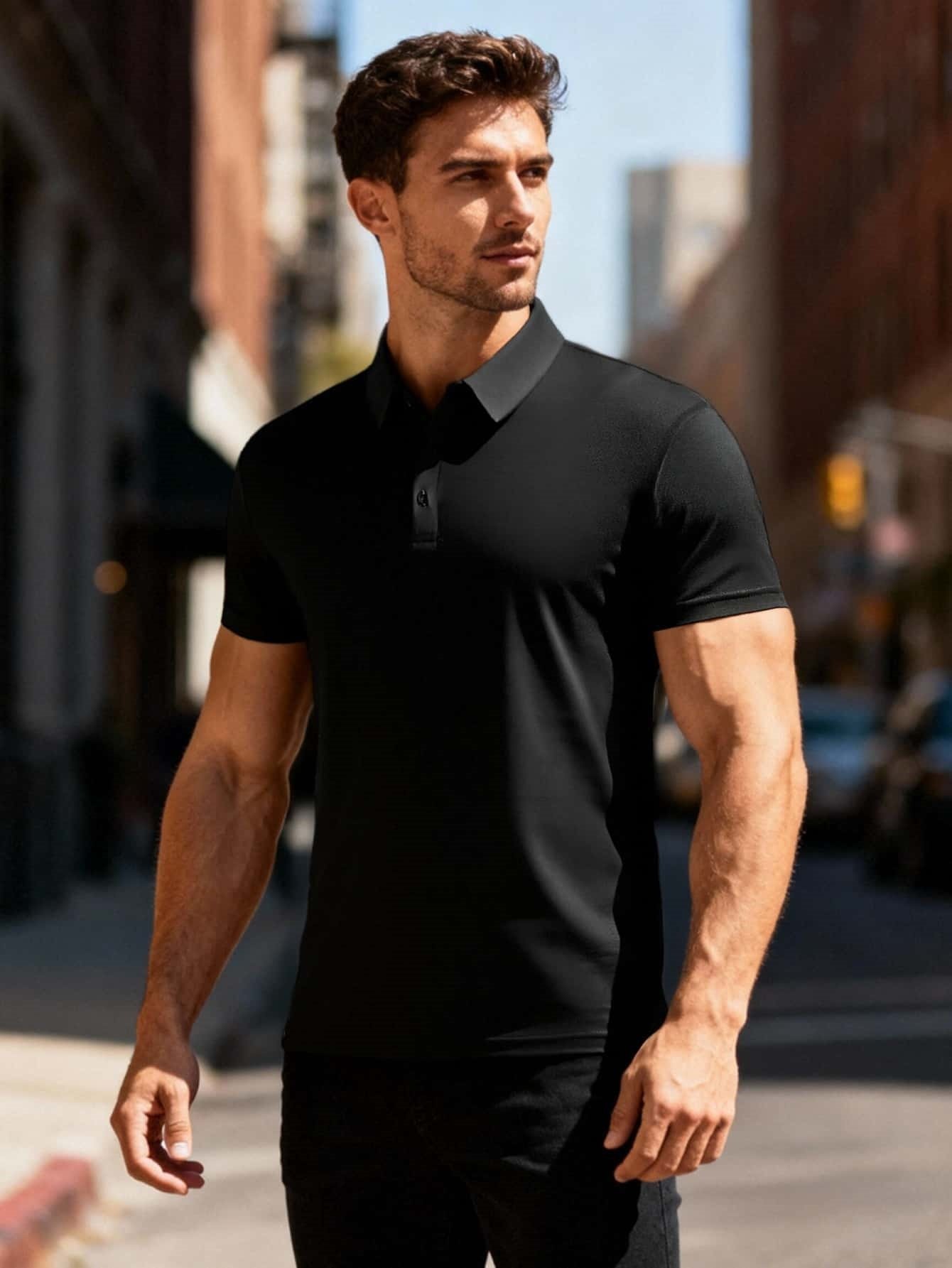 Men Black Plain Knitted Polo T-Shirt and Short Sleeve