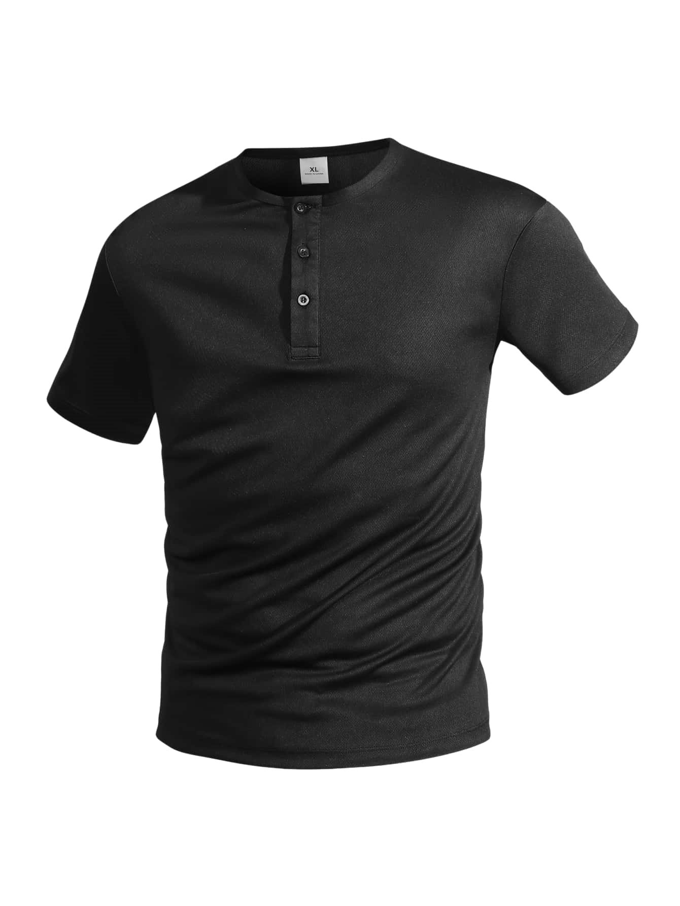 Men Black Henley Neck Polo T-Shirt with Short Sleeve