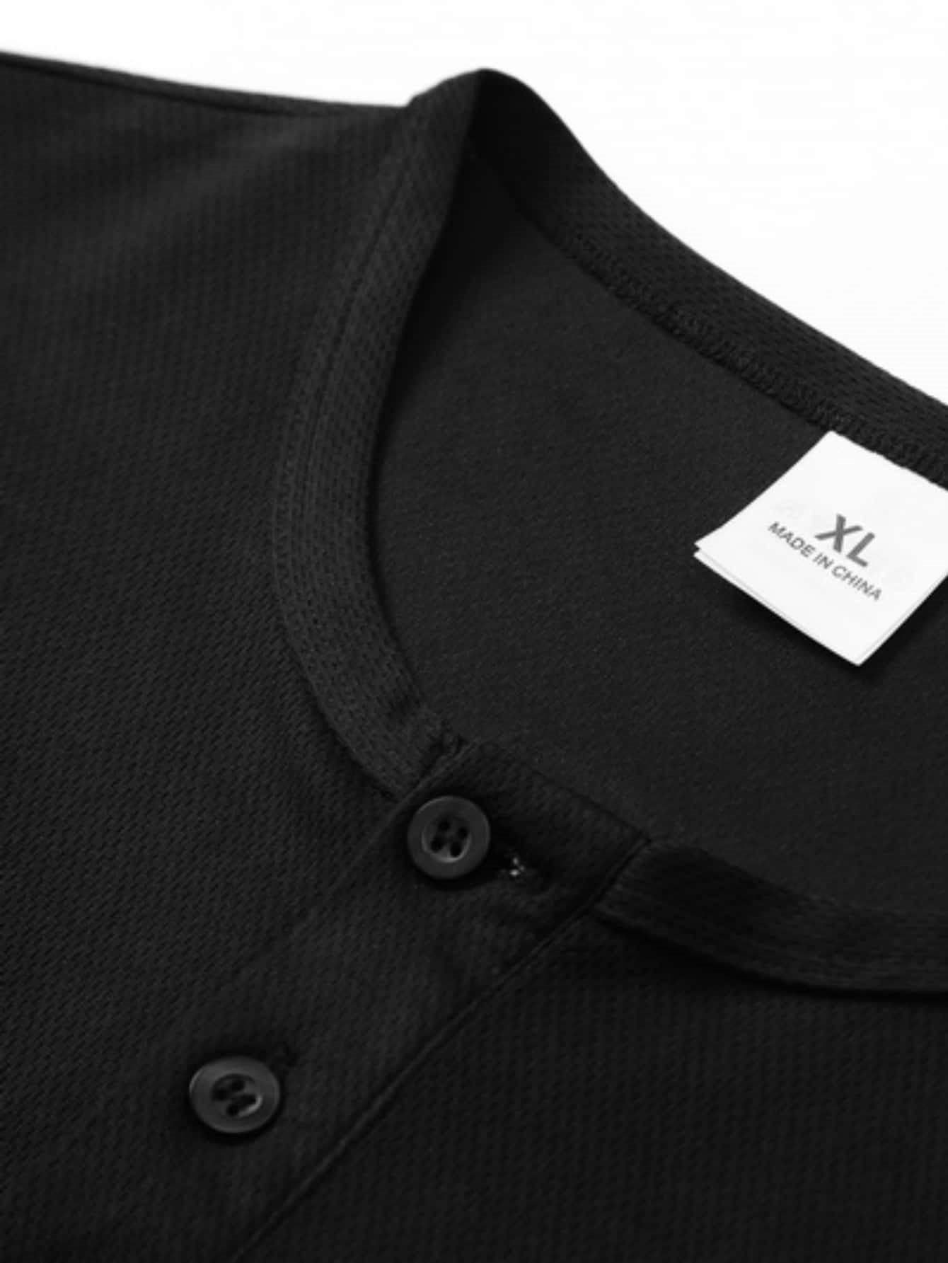 Men Black Henley Neck Polo T-Shirt with Short Sleeve