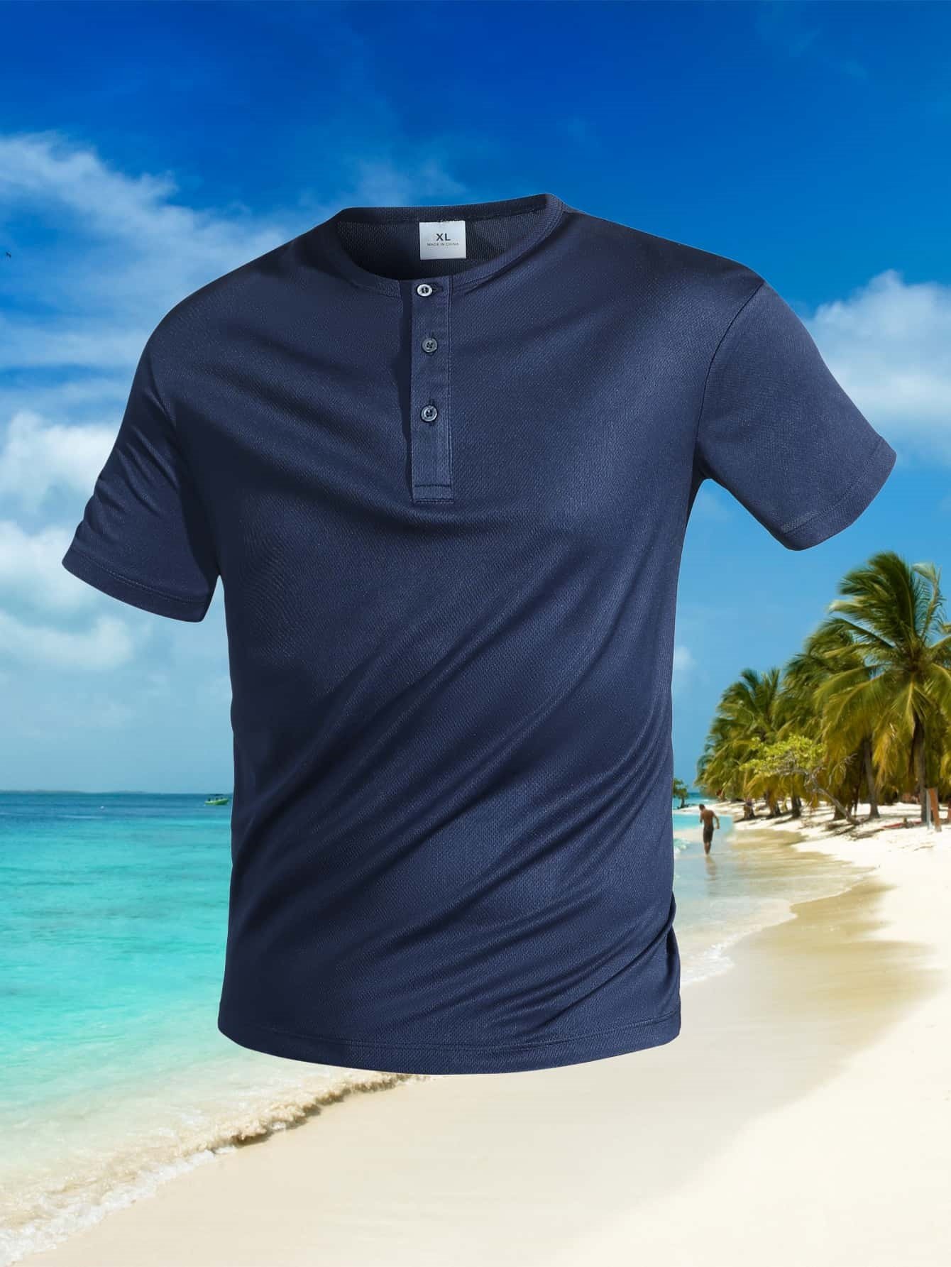 Men Navy Blue Henley Polo T-Shirt with Short Sleeve