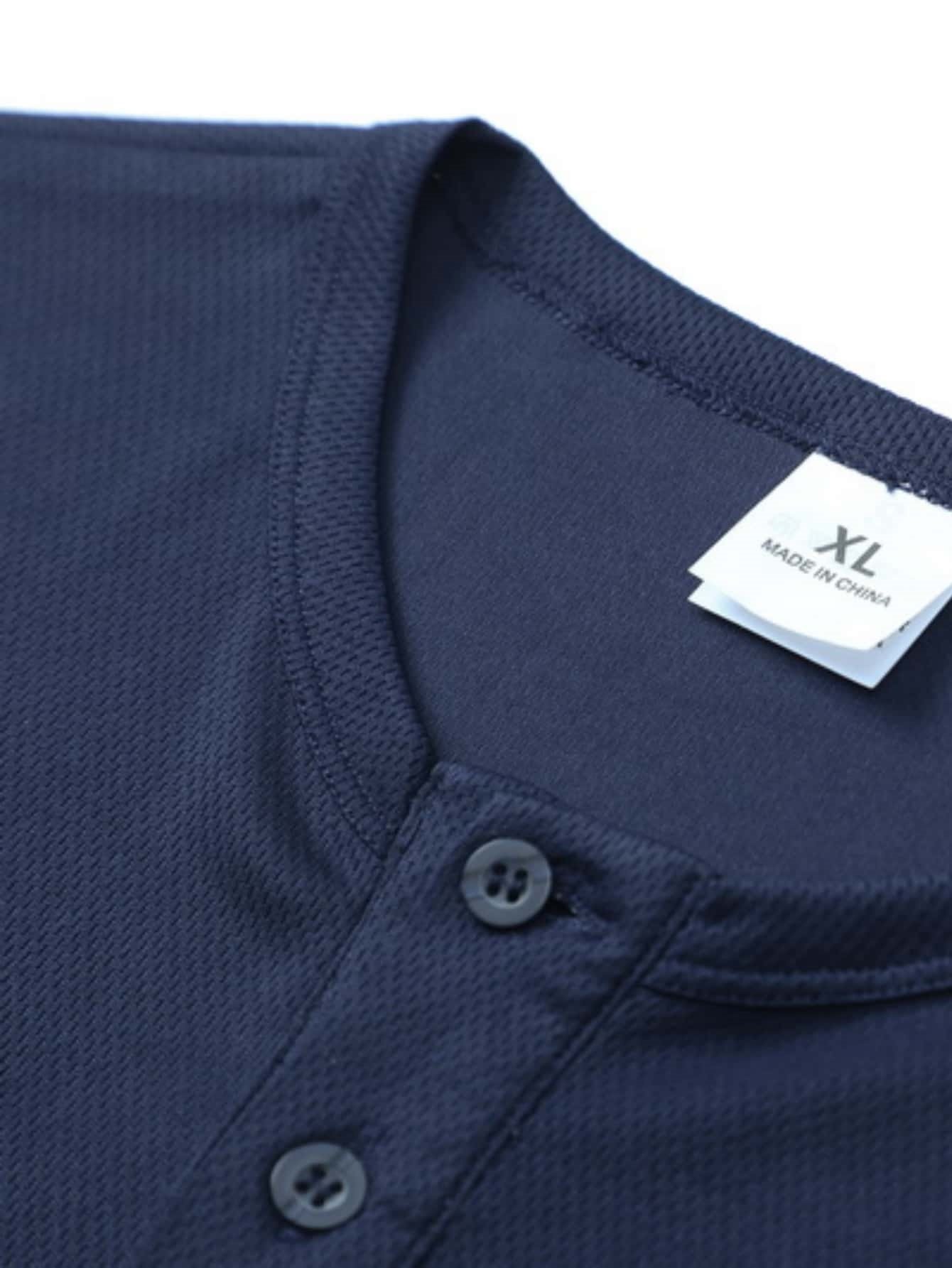 Men Navy Blue Henley Polo T-Shirt with Short Sleeve
