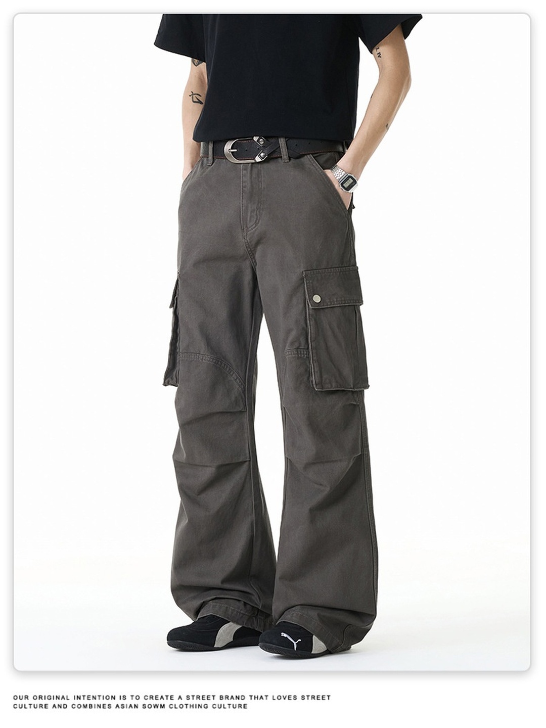 Men Loose Straight Leg Multi-Pocket Casual Trousers