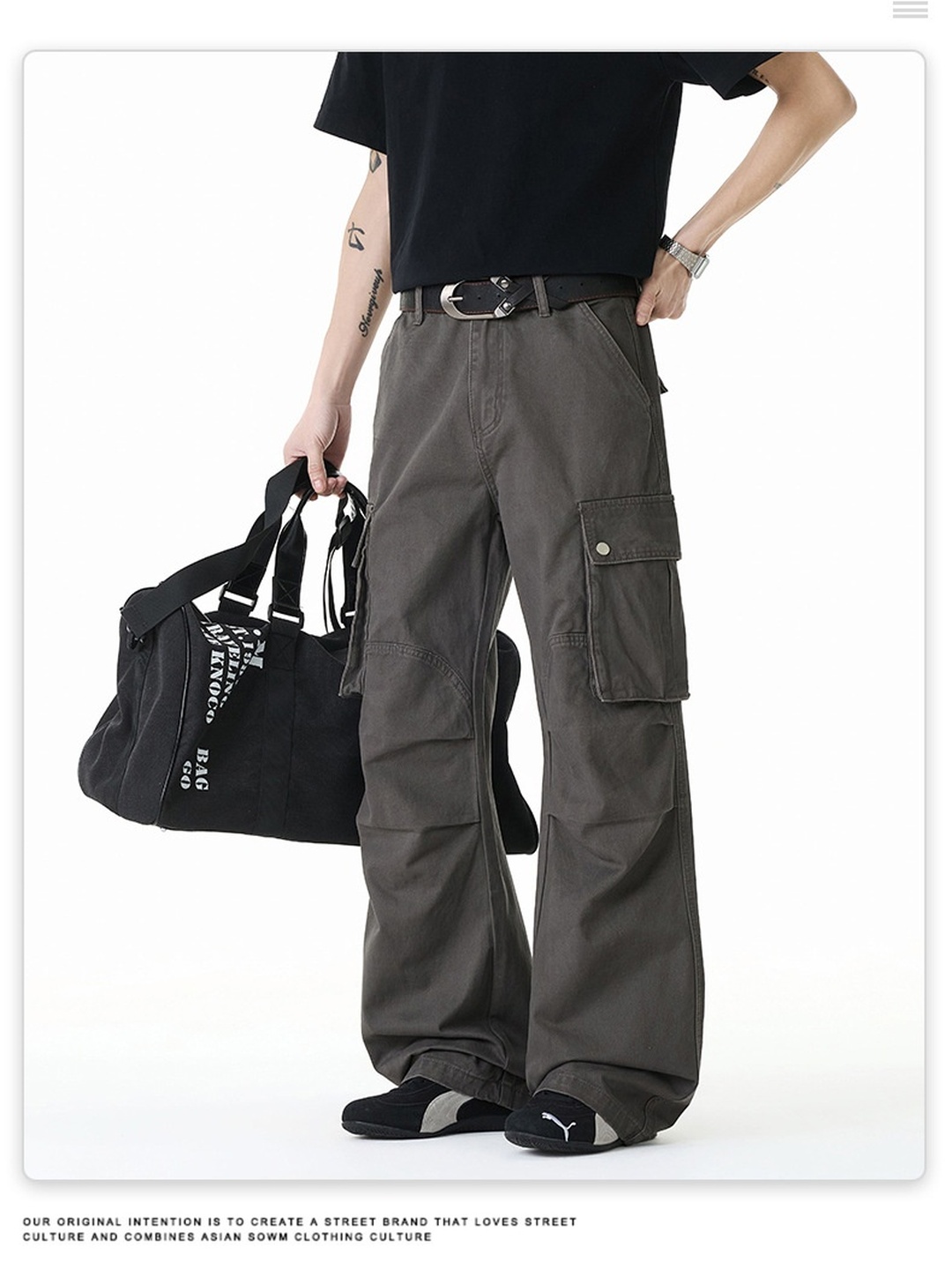 Men Loose Straight Leg Multi-Pocket Casual Trousers