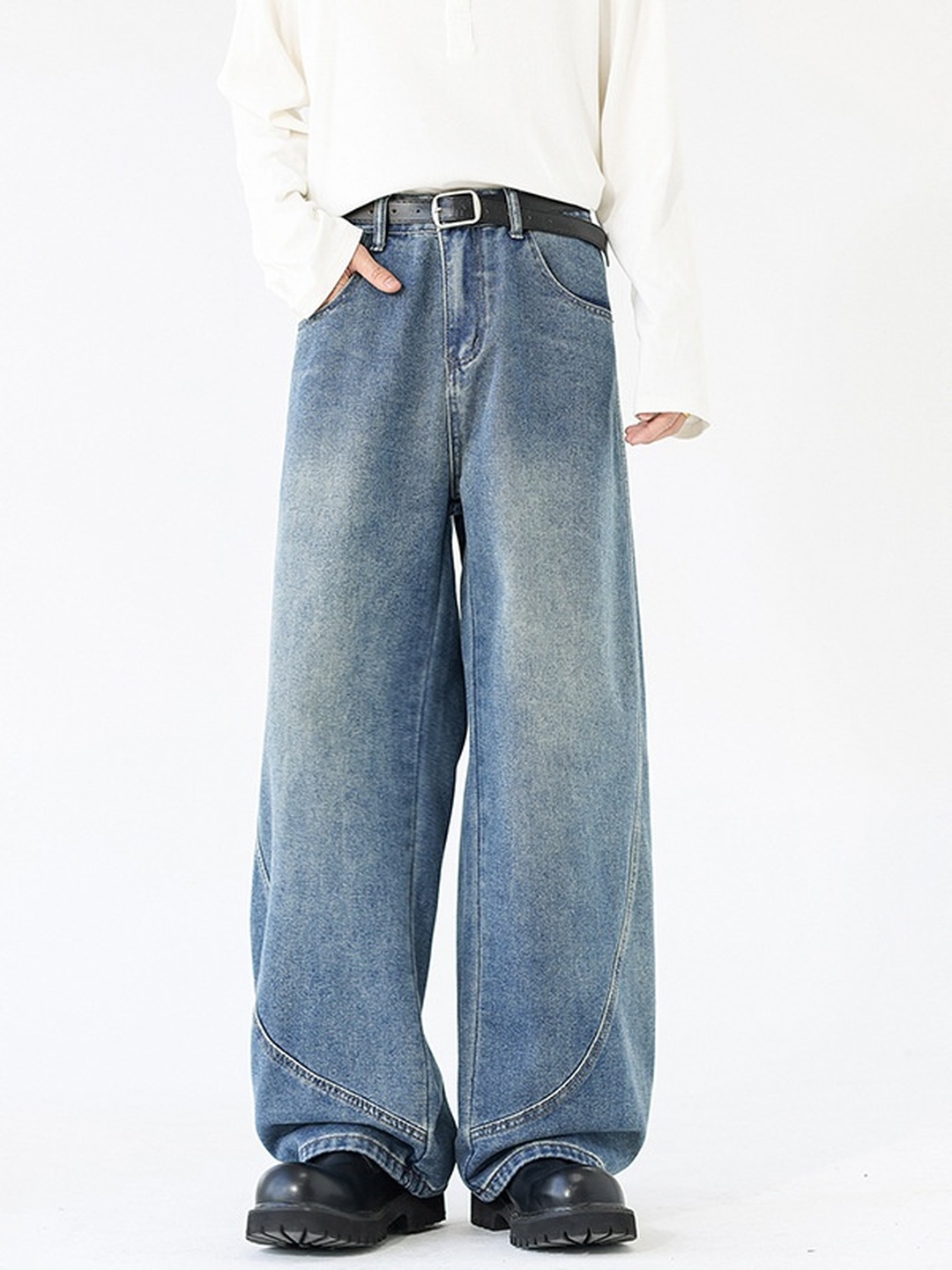 Men Loose Straight Washed Drape Jeans