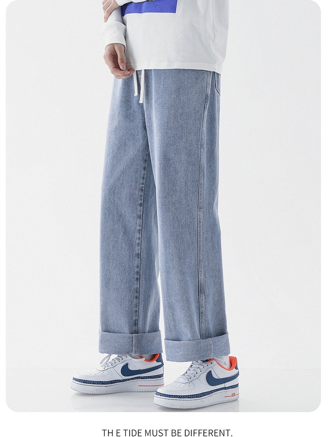Mens Light Wash Straight Fit Jeans - Casual Wide Leg Denim