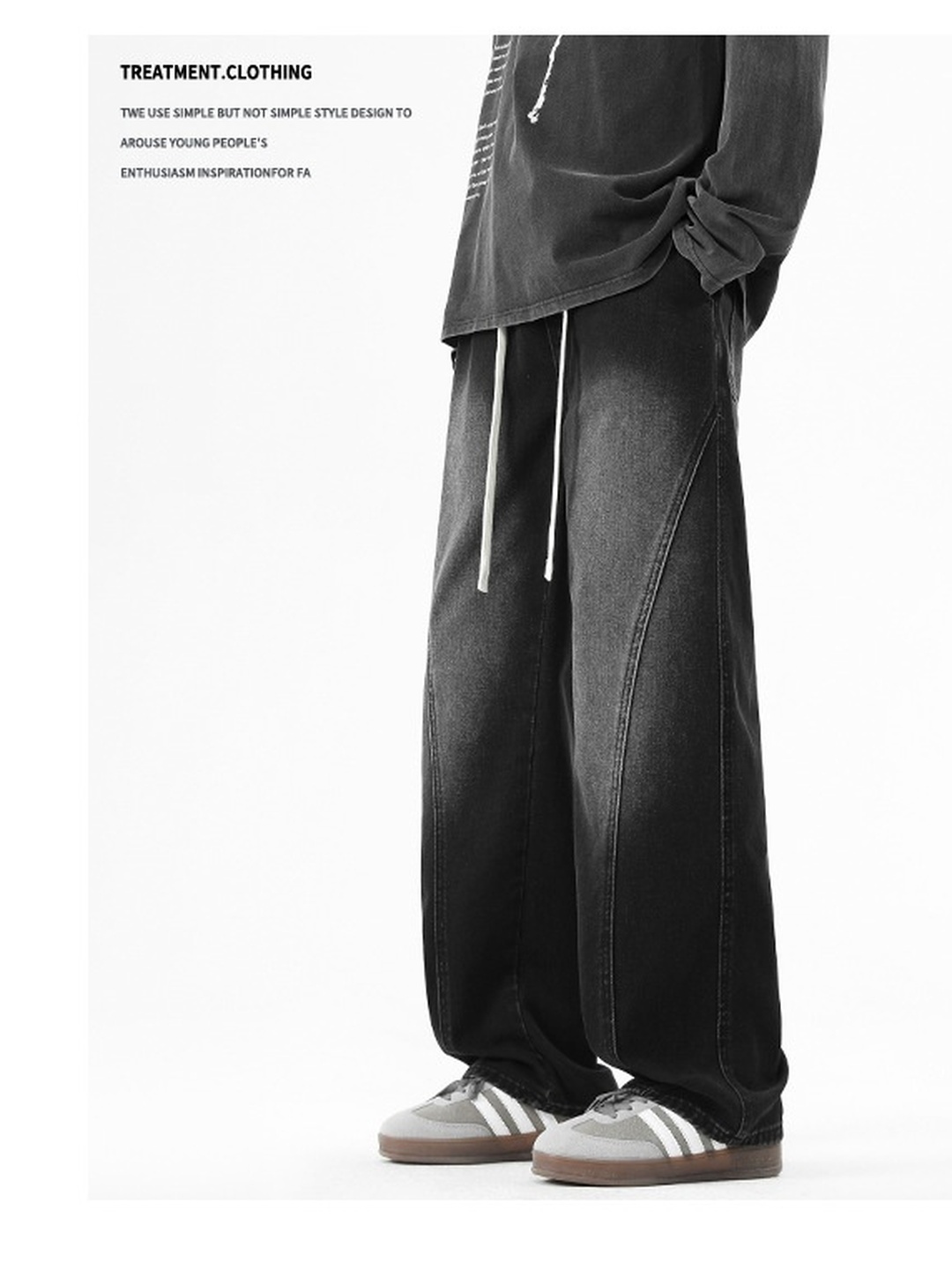 Men Retro Washed Loose Drawstring Jeans