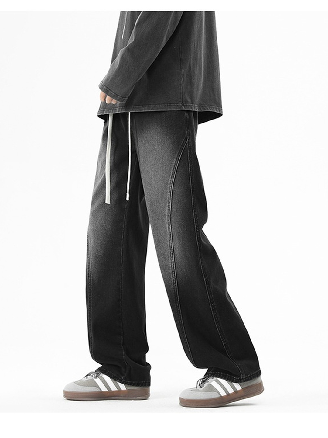 Men Retro Washed Loose Drawstring Jeans