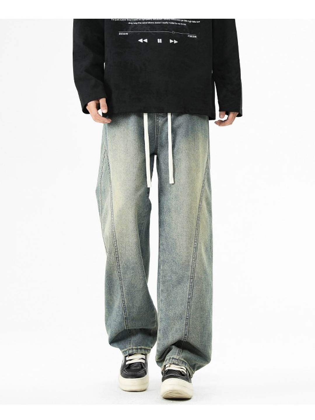 Men Retro Washed Loose Drawstring Jeans