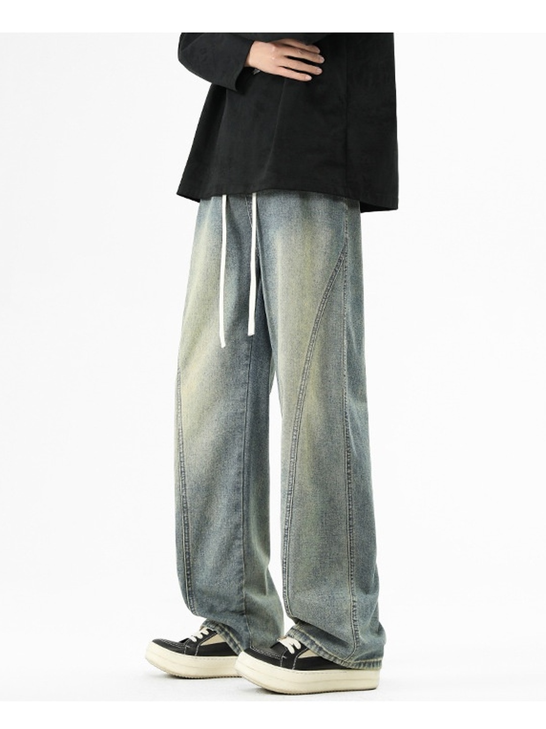 Men Retro Washed Loose Drawstring Jeans
