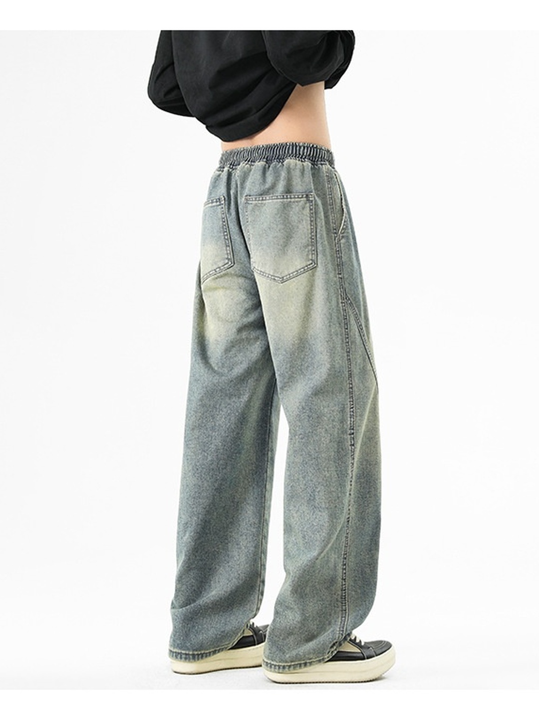Men Retro Washed Loose Drawstring Jeans