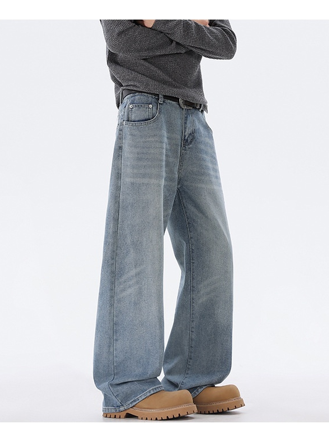 Mens Light Wash Loose Fit Jeans - Plain Blue Denim Trousers