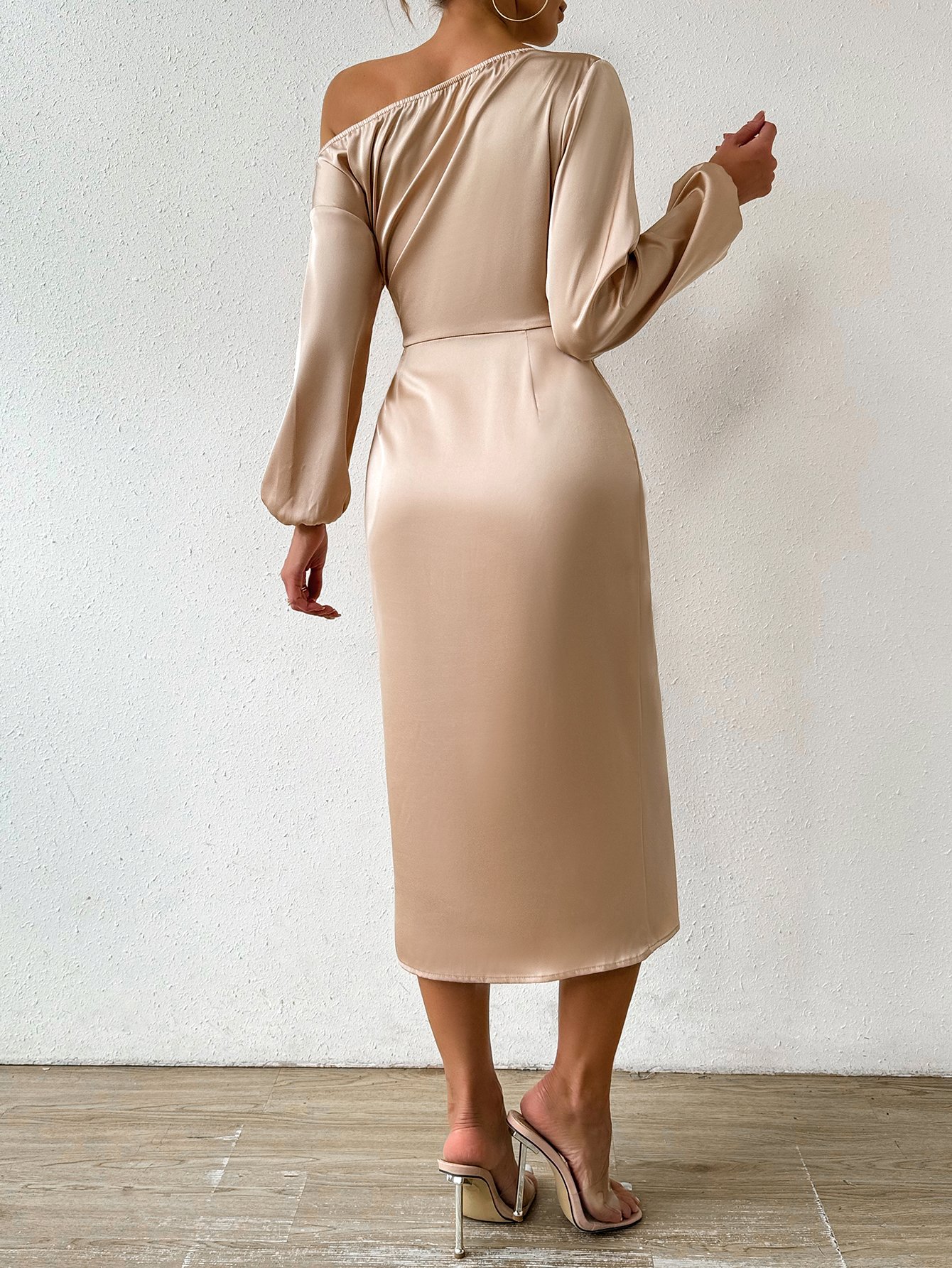 Beige Satin A-Line Midi Dress with Long Sleeves