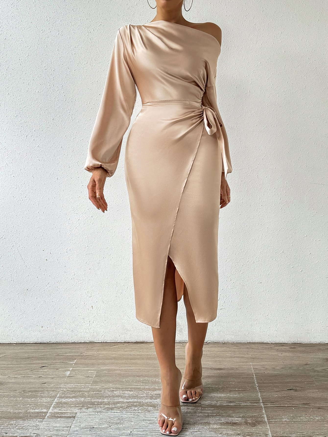 Beige Satin A-Line Midi Dress with Long Sleeves