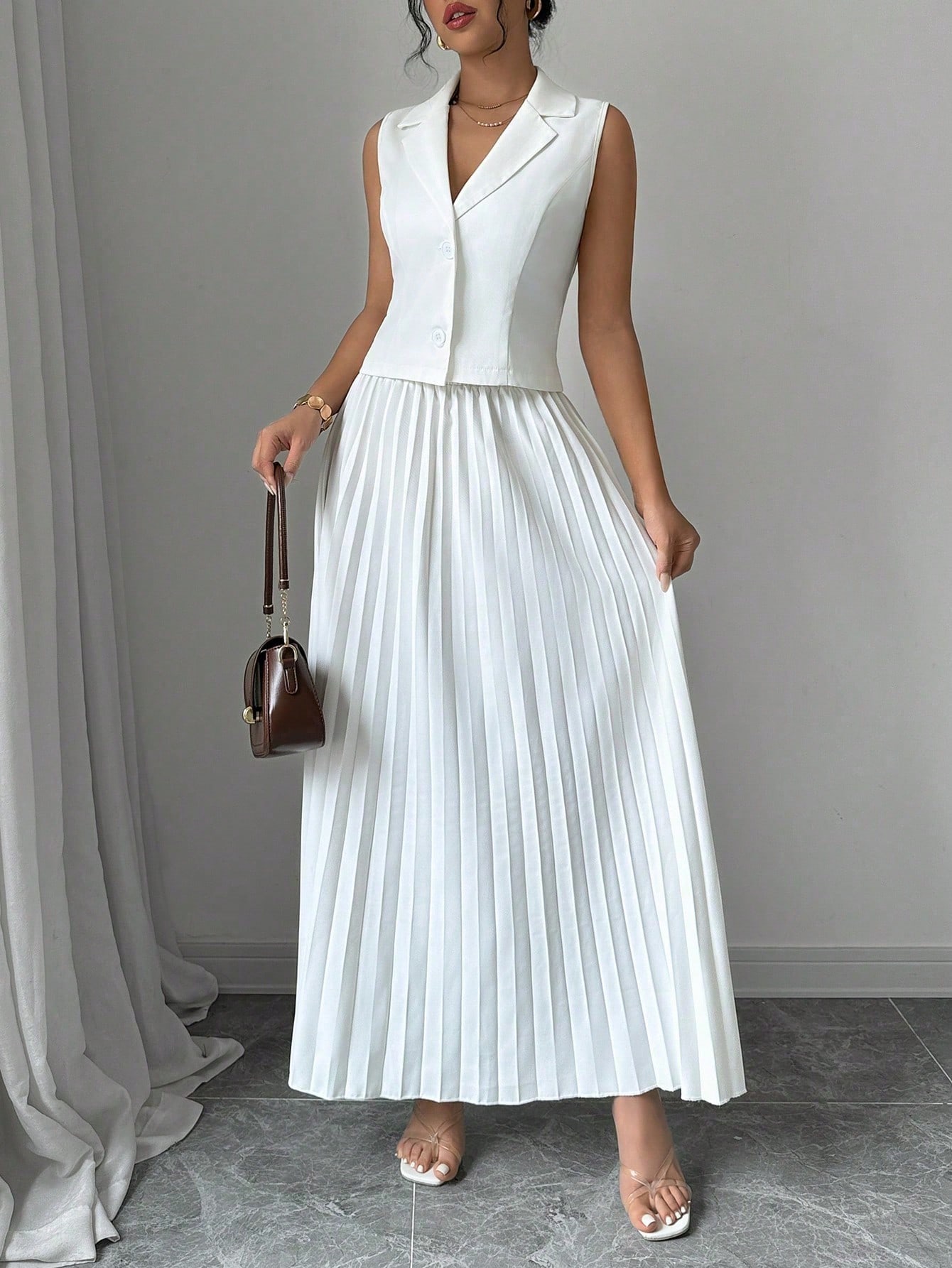 White Pleated Skirt and Crop Top Co-Ord Set